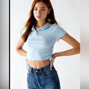 PacCares Callie cinched cropped light blue polo shirt 3 front buttons sz small